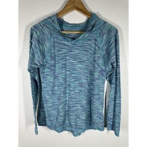 Avia Hoodie Womens Large Blue Striped Lightweight V Neck Pullover Top Active